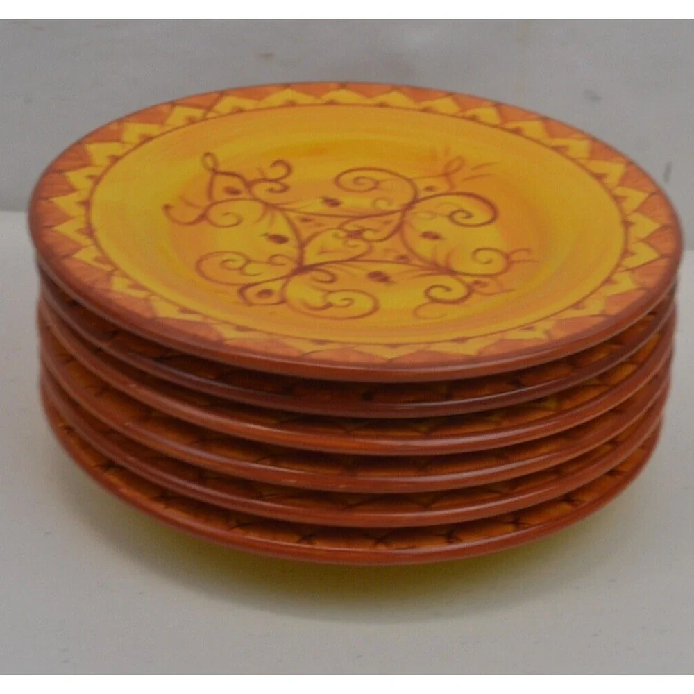 Pier 1 Karistan Salad Plates Set of 6 Hand-Painted Earthenware Orange Scroll